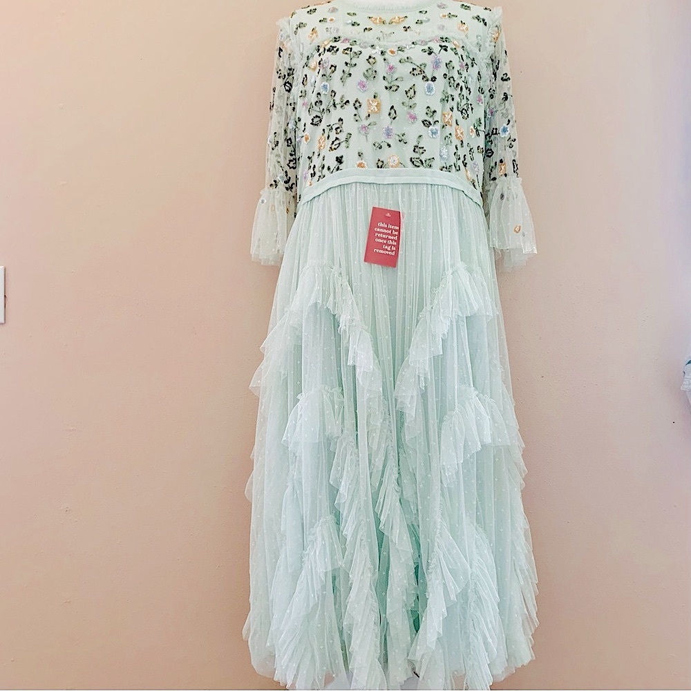 Ivy City Co Mint Green Purple Beaded Floral Embroidered Tulle Dress